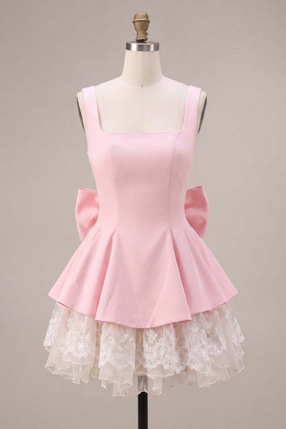 Pink Square Neck Tiered Short Ruffled A-Line Homecoming Dress with Bow