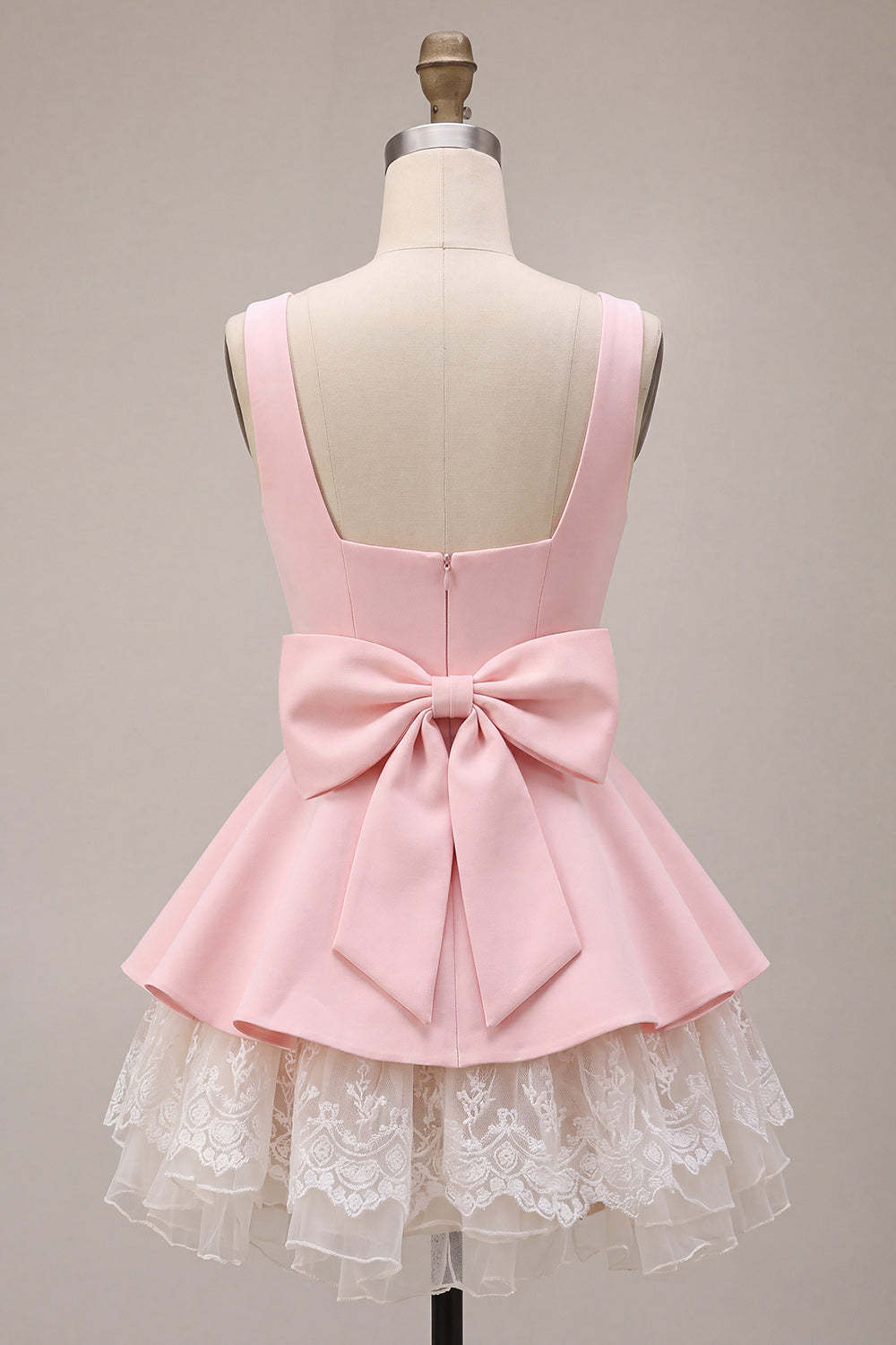 Pink Square Neck Tiered Short Ruffled A-Line Homecoming Dress with Bow