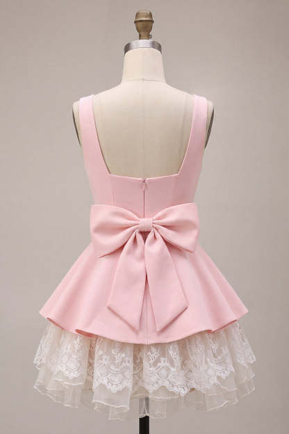 Pink Square Neck Tiered Short Ruffled A-Line Homecoming Dress with Bow