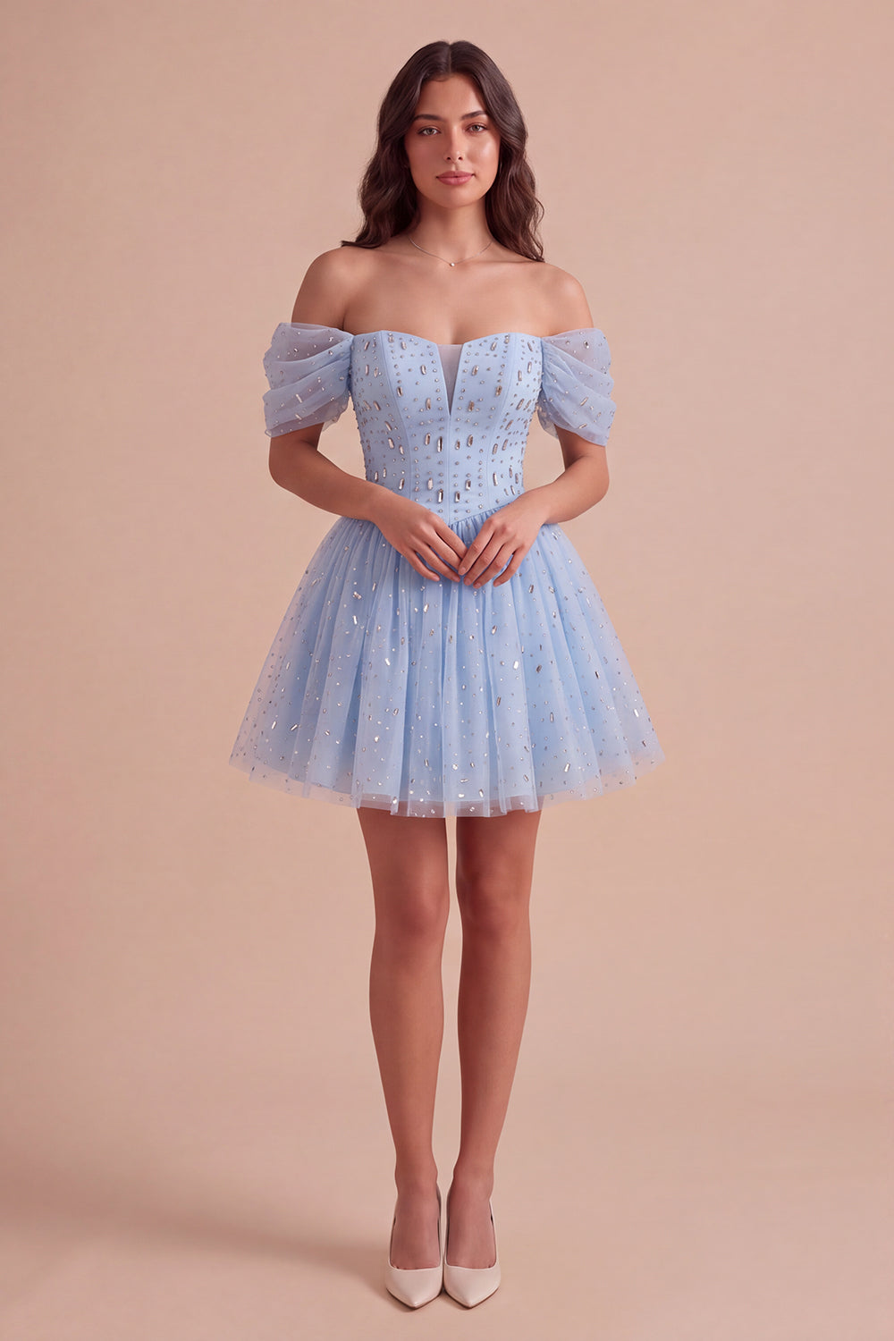 Sparkly Sequins Sky Blue A-Line Off the Shoulder Short Homecoming Dress