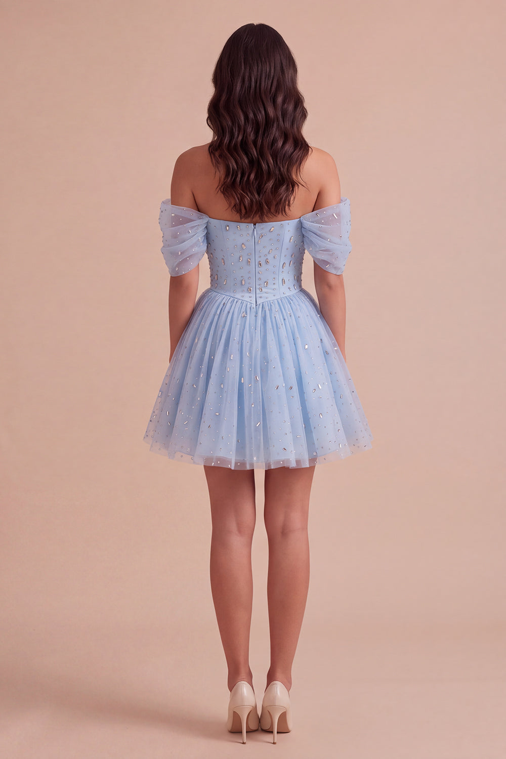 Sparkly Sequins Sky Blue A-Line Off the Shoulder Short Homecoming Dress