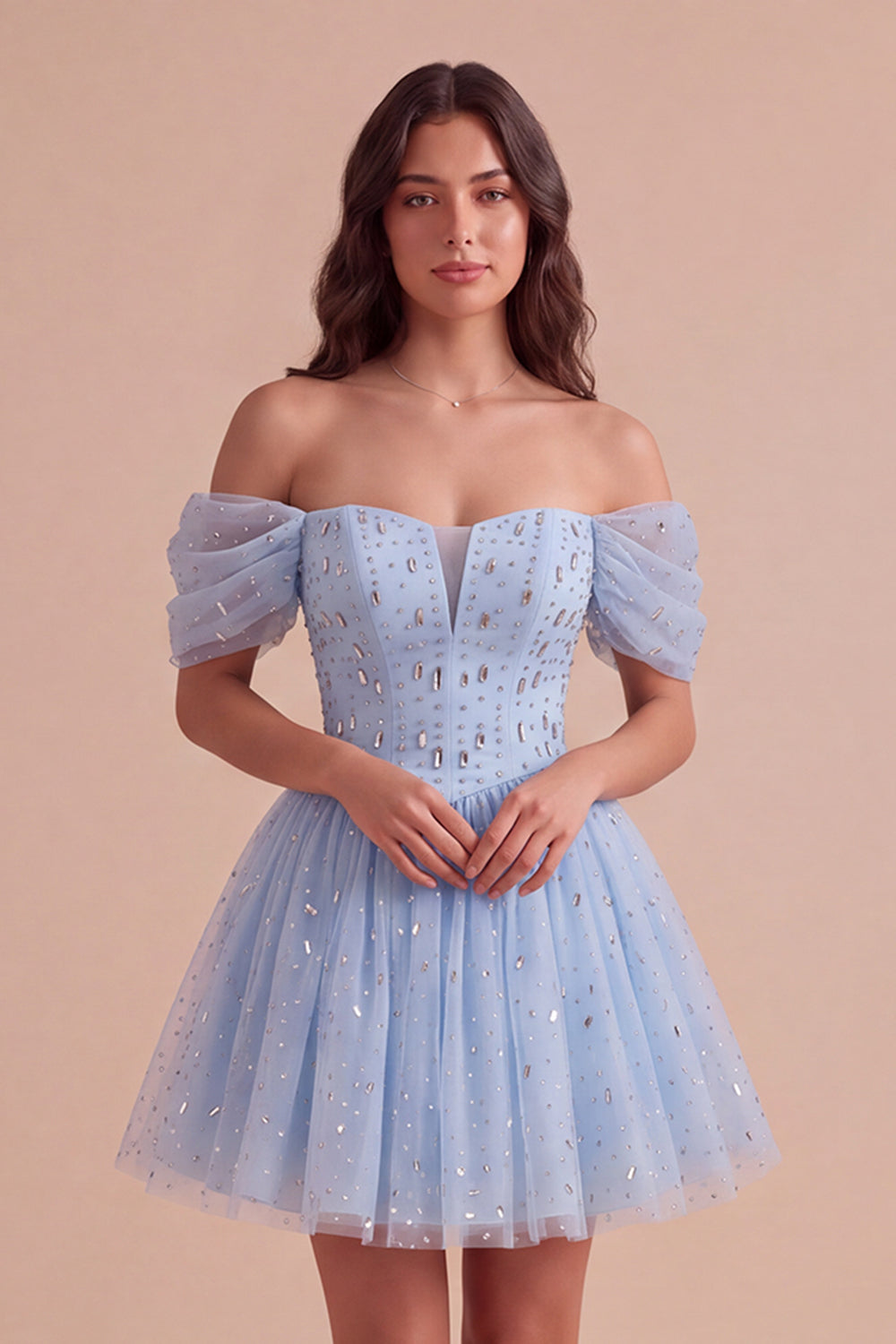 Sparkly Sequins Sky Blue A-Line Off the Shoulder Short Homecoming Dress