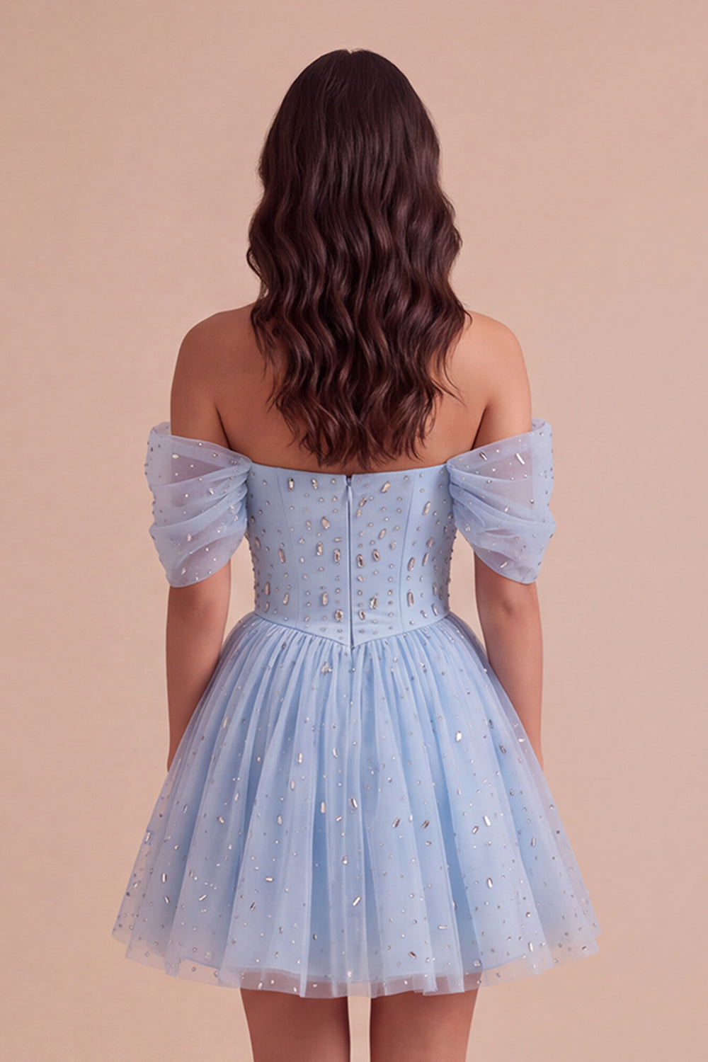 Sparkly Sequins Sky Blue A-Line Off the Shoulder Short Homecoming Dress