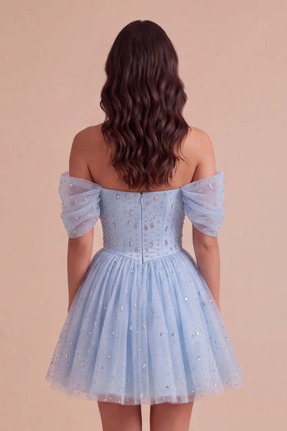 Sparkly Sequins Sky Blue A-Line Off the Shoulder Short Homecoming Dress
