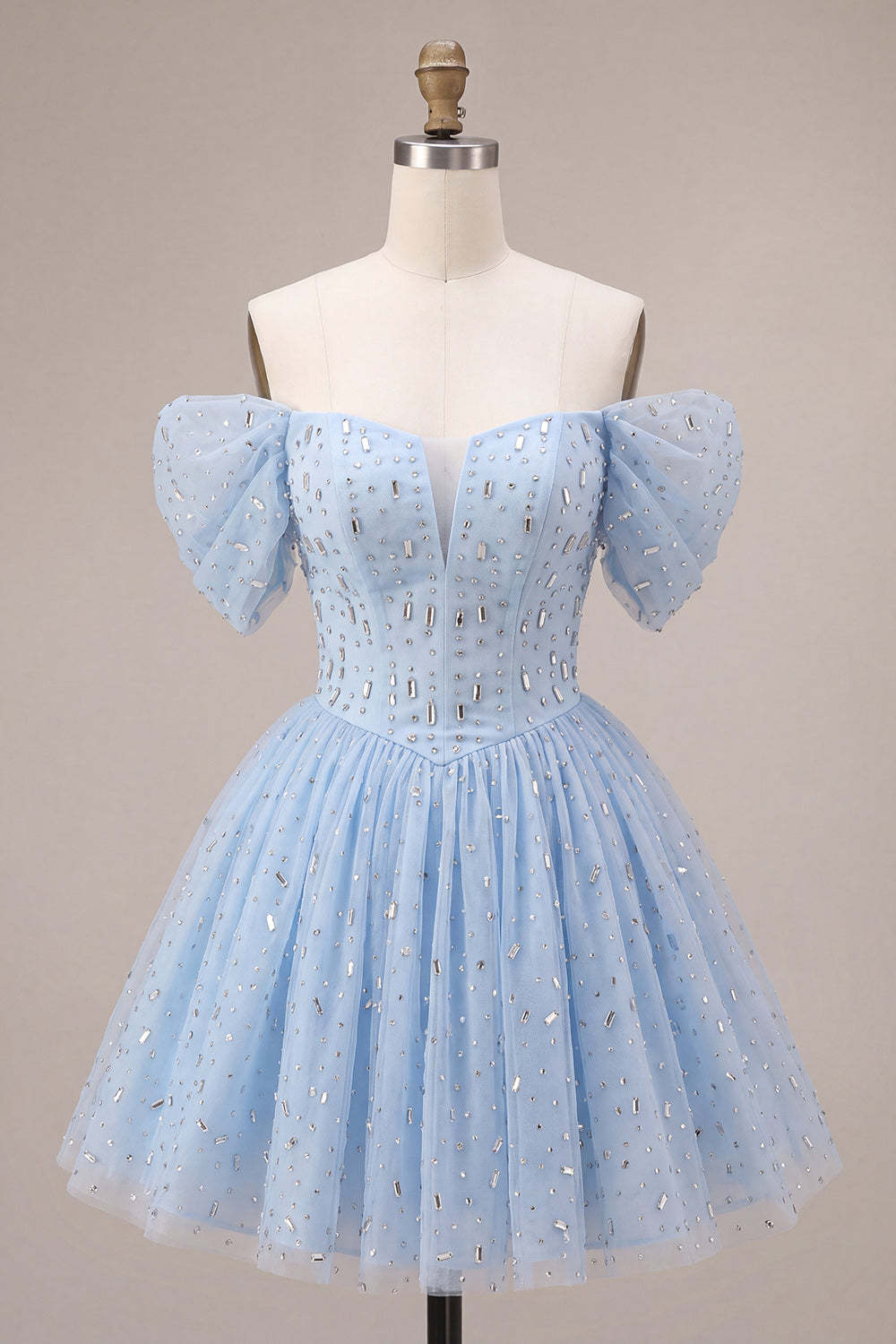 Sparkly Sequins Sky Blue A-Line Off the Shoulder Short Homecoming Dress