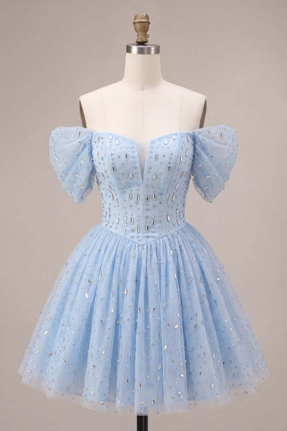 Sparkly Sequins Sky Blue A-Line Off the Shoulder Short Homecoming Dress