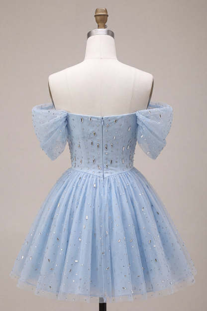 Sparkly Sequins Sky Blue A-Line Off the Shoulder Short Homecoming Dress