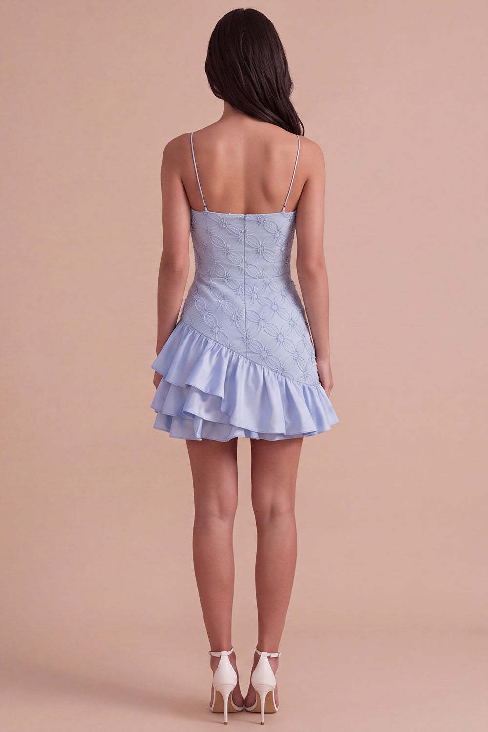 Dusty Blue Bodycon Tiered Spaghetti Straps Ruffled Short Homecoming Dress