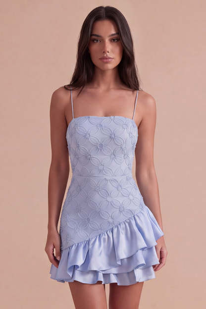 Leely Women Dusty Blue Rulled Short Homecoming Dress Tiered Bodycon Spaghetti Straps Cocktail Dress