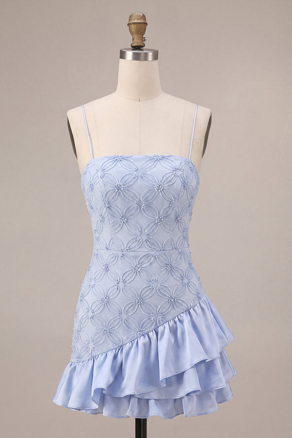 Dusty Blue Bodycon Tiered Spaghetti Straps Ruffled Short Homecoming Dress