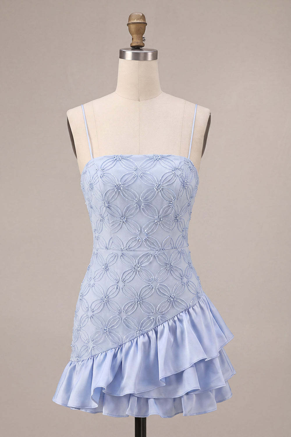 Dusty Blue Bodycon Tiered Spaghetti Straps Ruffled Short Homecoming Dress