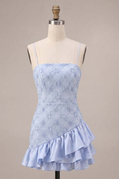 Dusty Blue Bodycon Tiered Spaghetti Straps Ruffled Short Homecoming Dress