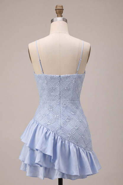 Dusty Blue Bodycon Tiered Spaghetti Straps Ruffled Short Homecoming Dress