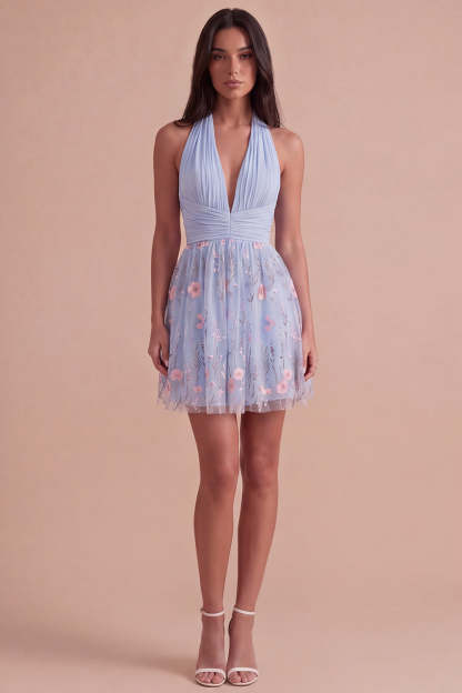 Sky Blue Floral Ruched Halter Short Homecoming Dress