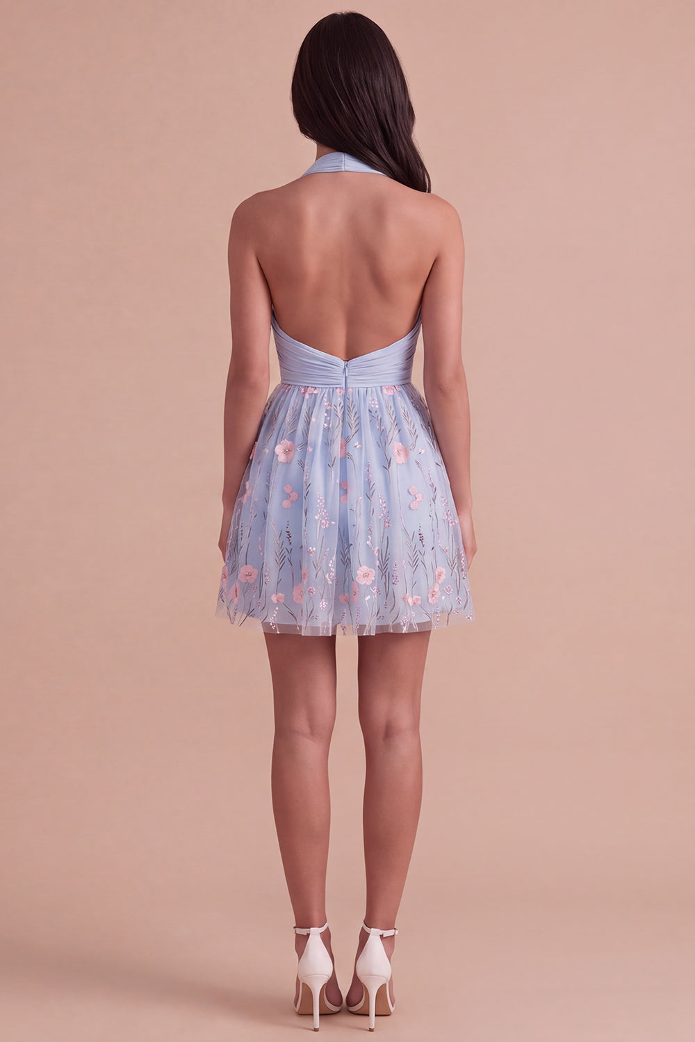 Sky Blue Floral Ruched Halter Short Homecoming Dress