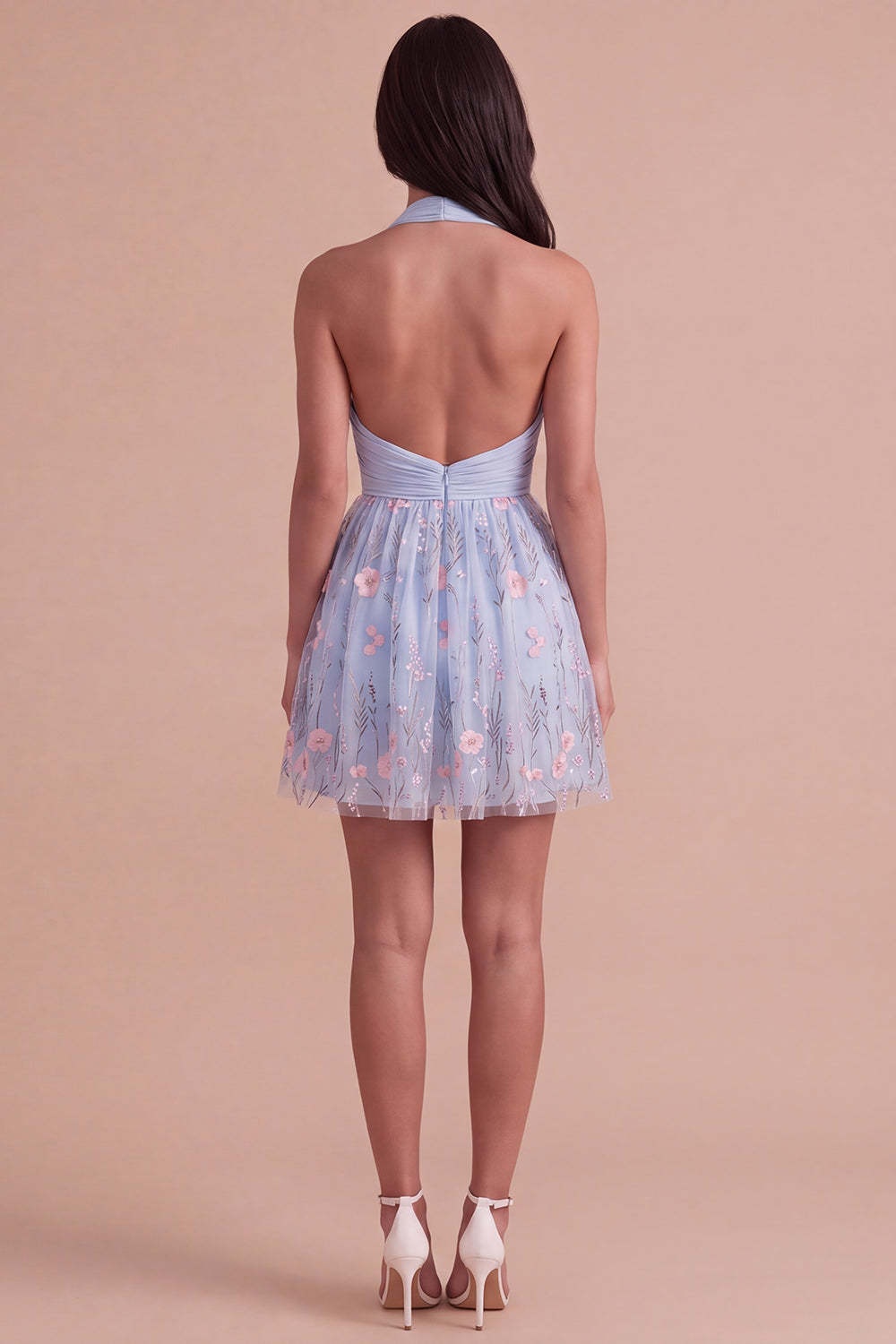 Sky Blue Floral Ruched Halter Short Homecoming Dress
