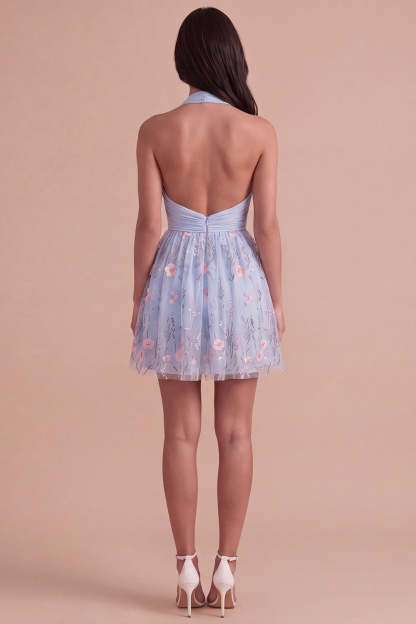 Sky Blue Floral Ruched Halter Short Homecoming Dress