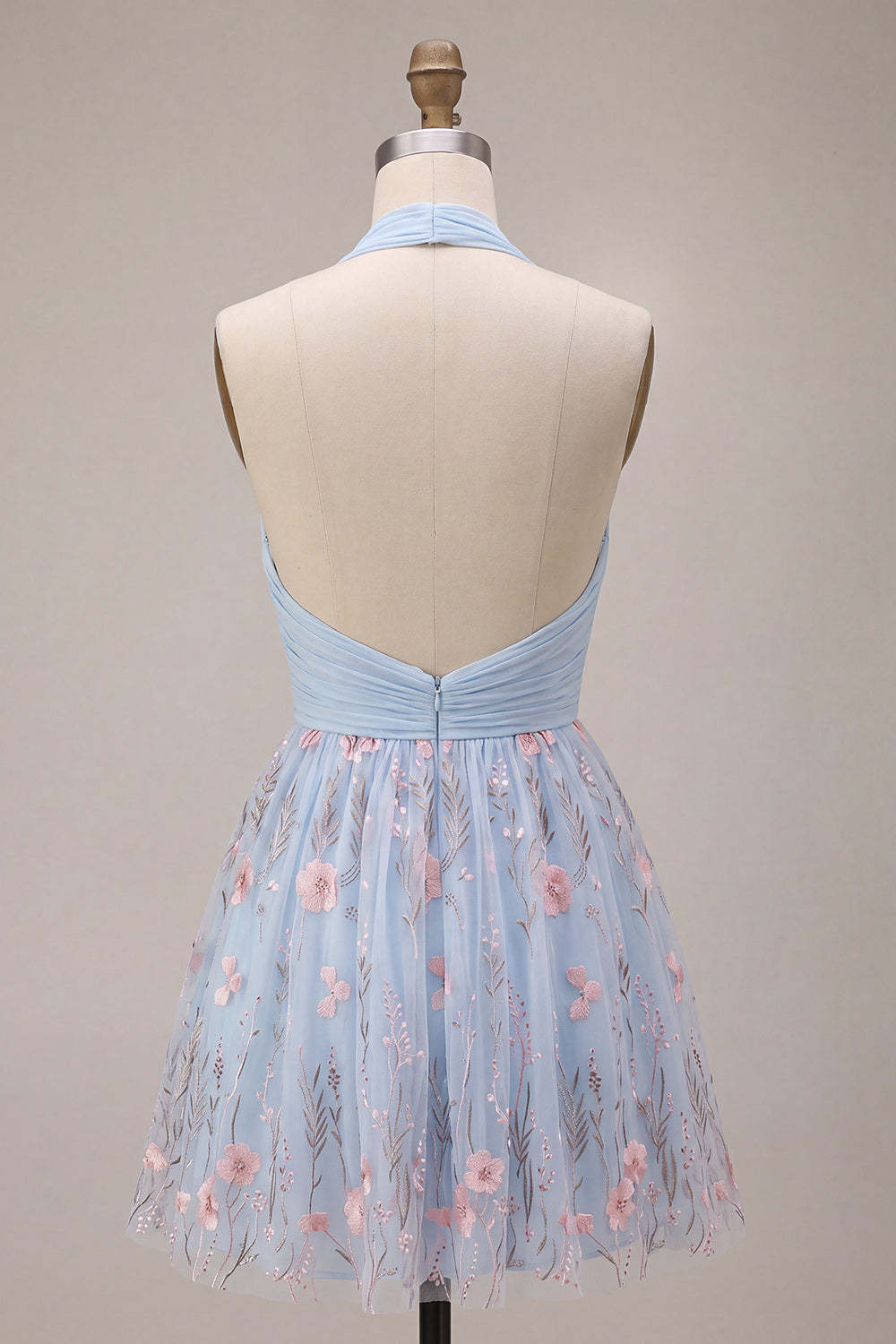 Sky Blue Floral Ruched Halter Short Homecoming Dress