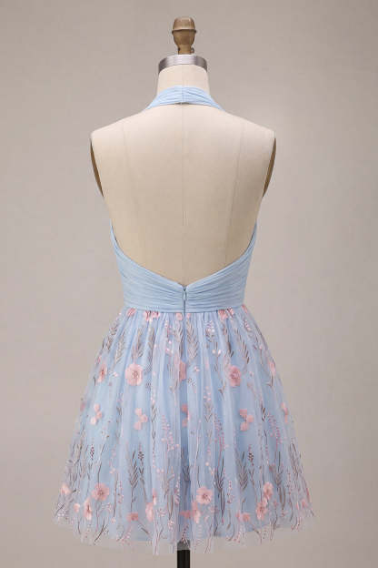 Sky Blue Floral Ruched Halter Short Homecoming Dress