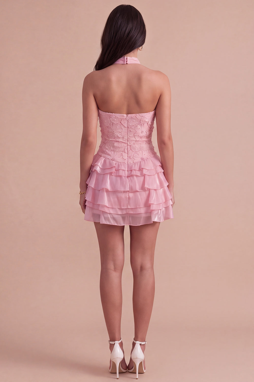 Pink Halter Ruffled Floral Tiered Short Homecoming Dress with Pearls