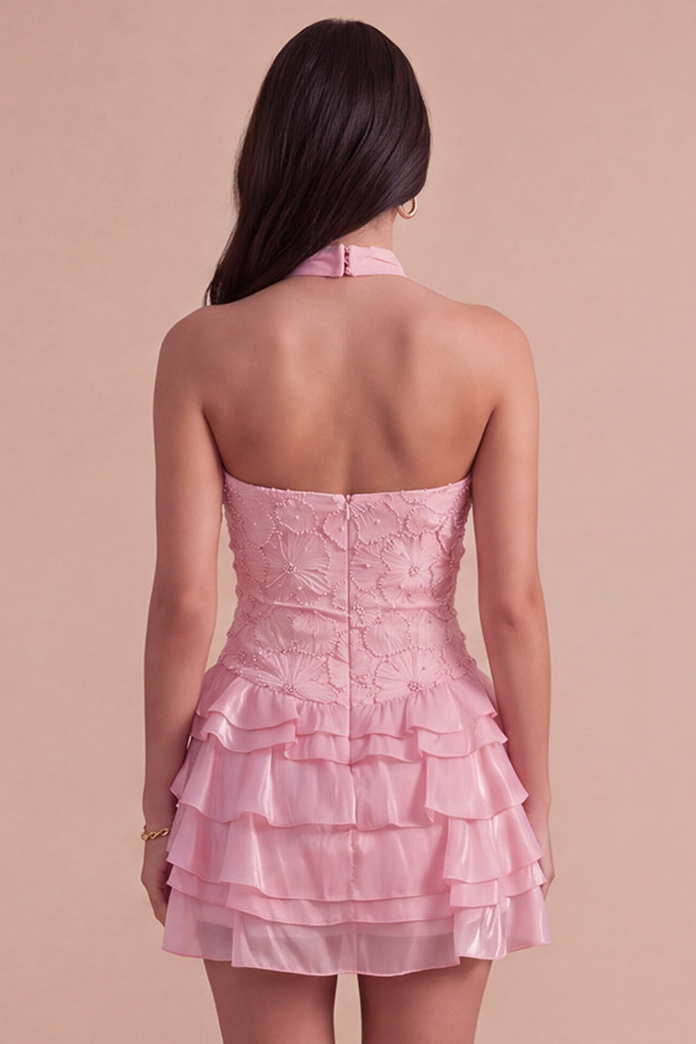 Pink Halter Ruffled Floral Tiered Short Homecoming Dress with Pearls