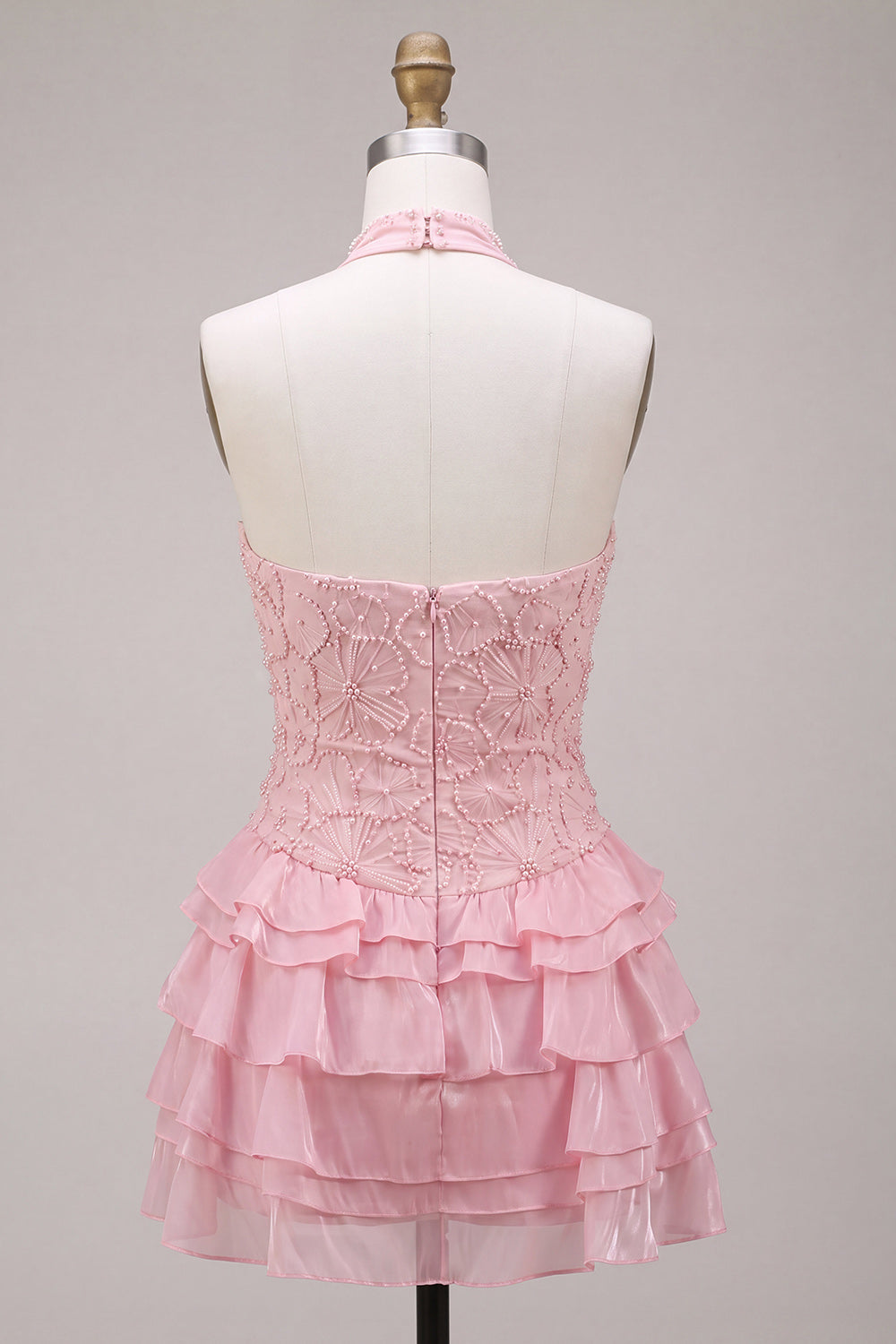 Pink Halter Ruffled Floral Tiered Short Homecoming Dress with Pearls