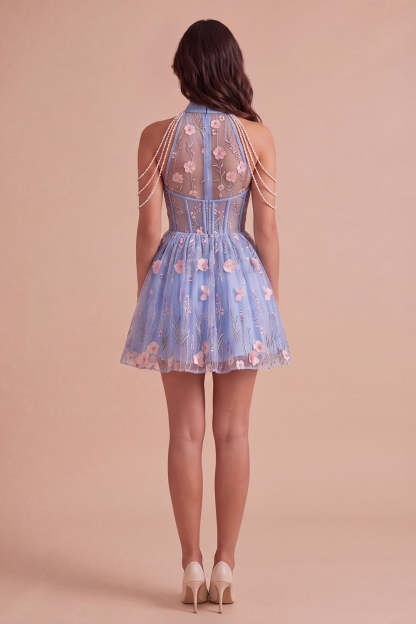 Sky Blue Corset High Neck Floral Short Homecoming Dress with Pearls