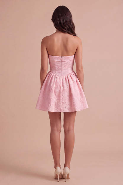 Pink A-Line Ruched Floral Strapless Mini Homecoming Dress