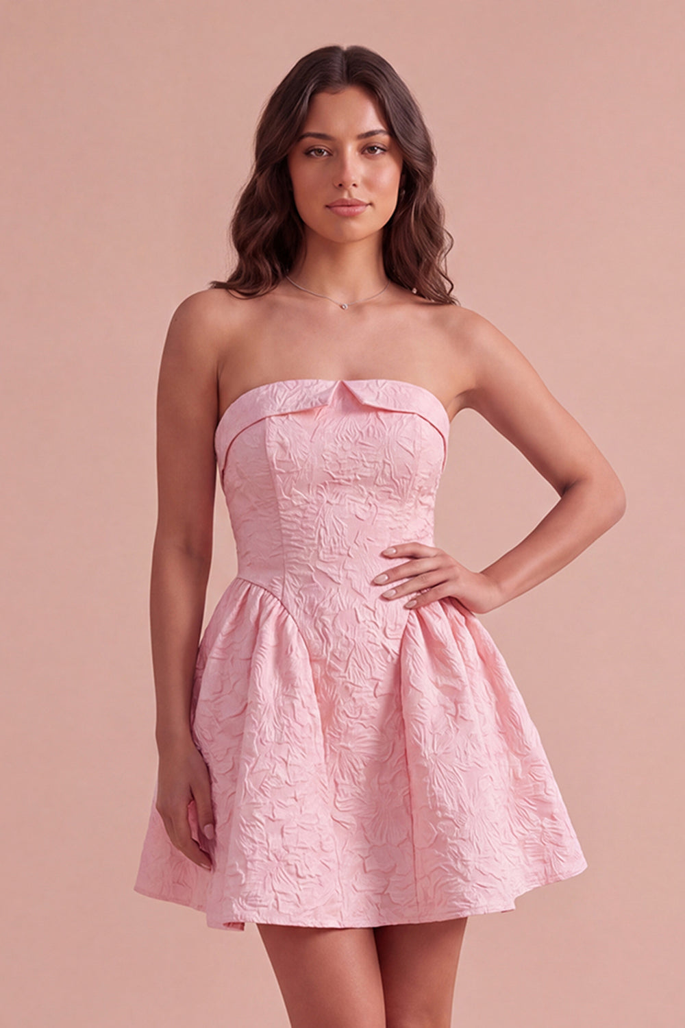 Pink A-Line Ruched Floral Strapless Mini Homecoming Dress