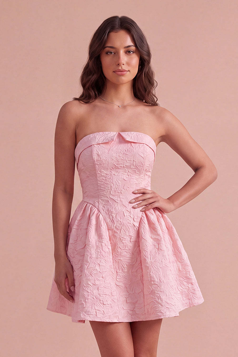 Leely Women Pink Jacquard Ruched Short Homecoming Dress A-Line Strapless Floral Cocktail Dress