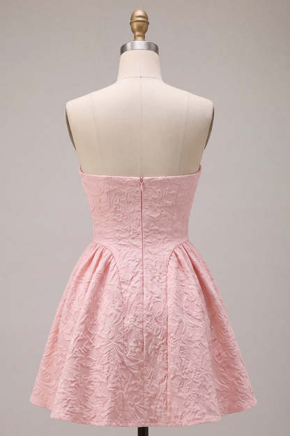 Pink A-Line Ruched Floral Strapless Mini Homecoming Dress