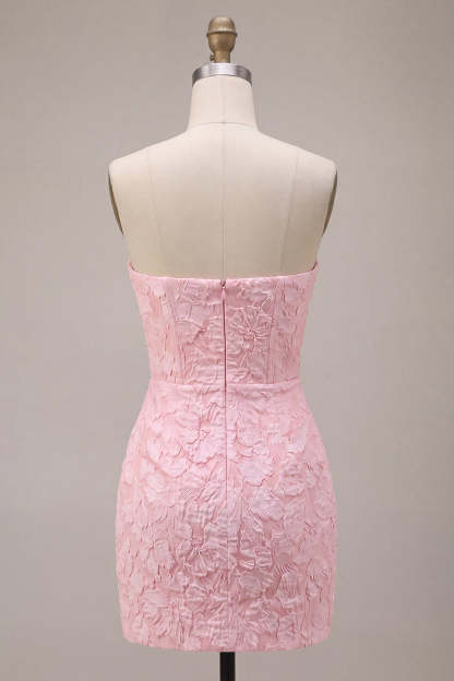 Pink Corset Bodycon Jacquard Mini Floral Homecoming Dress with Bow