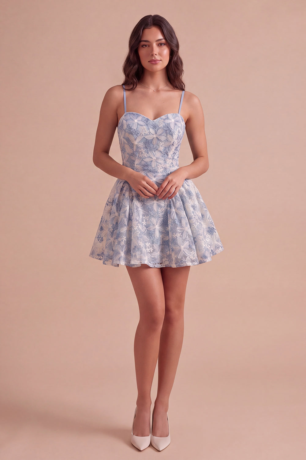 Spaghetti Straps Dusty Blue A-Line Floral Mini Homecoming Dress
