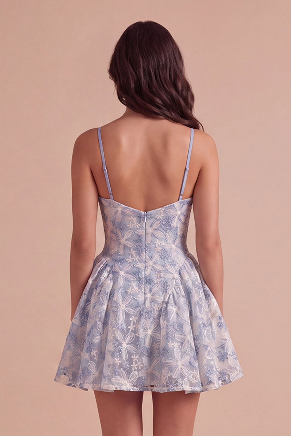 Spaghetti Straps Dusty Blue A-Line Floral Mini Homecoming Dress
