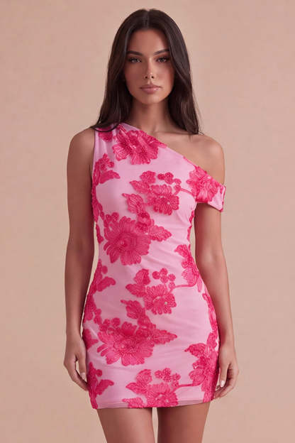 Leely Women Fuchsia Mini Floral Homecoming Dress Bodycon One Shoulder Cocktail Dress