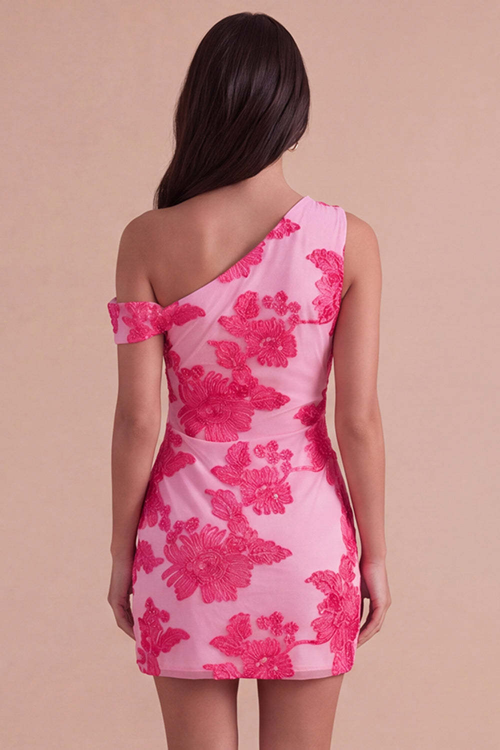 Fuchsia Bodycon One Shoulder Floral Mini Homecoming Dress