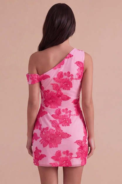 Fuchsia Bodycon One Shoulder Floral Mini Homecoming Dress
