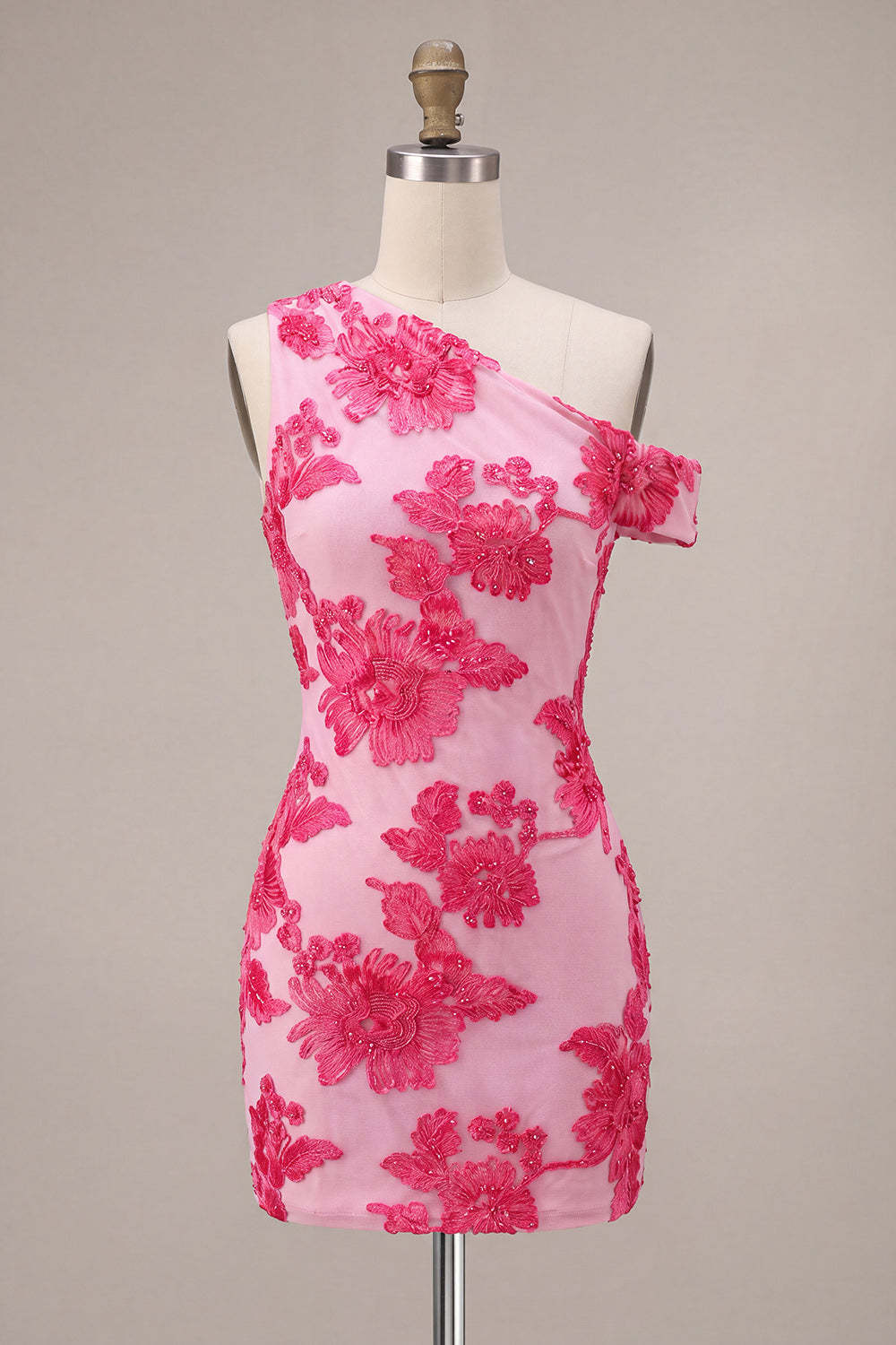 Fuchsia Bodycon One Shoulder Floral Mini Homecoming Dress