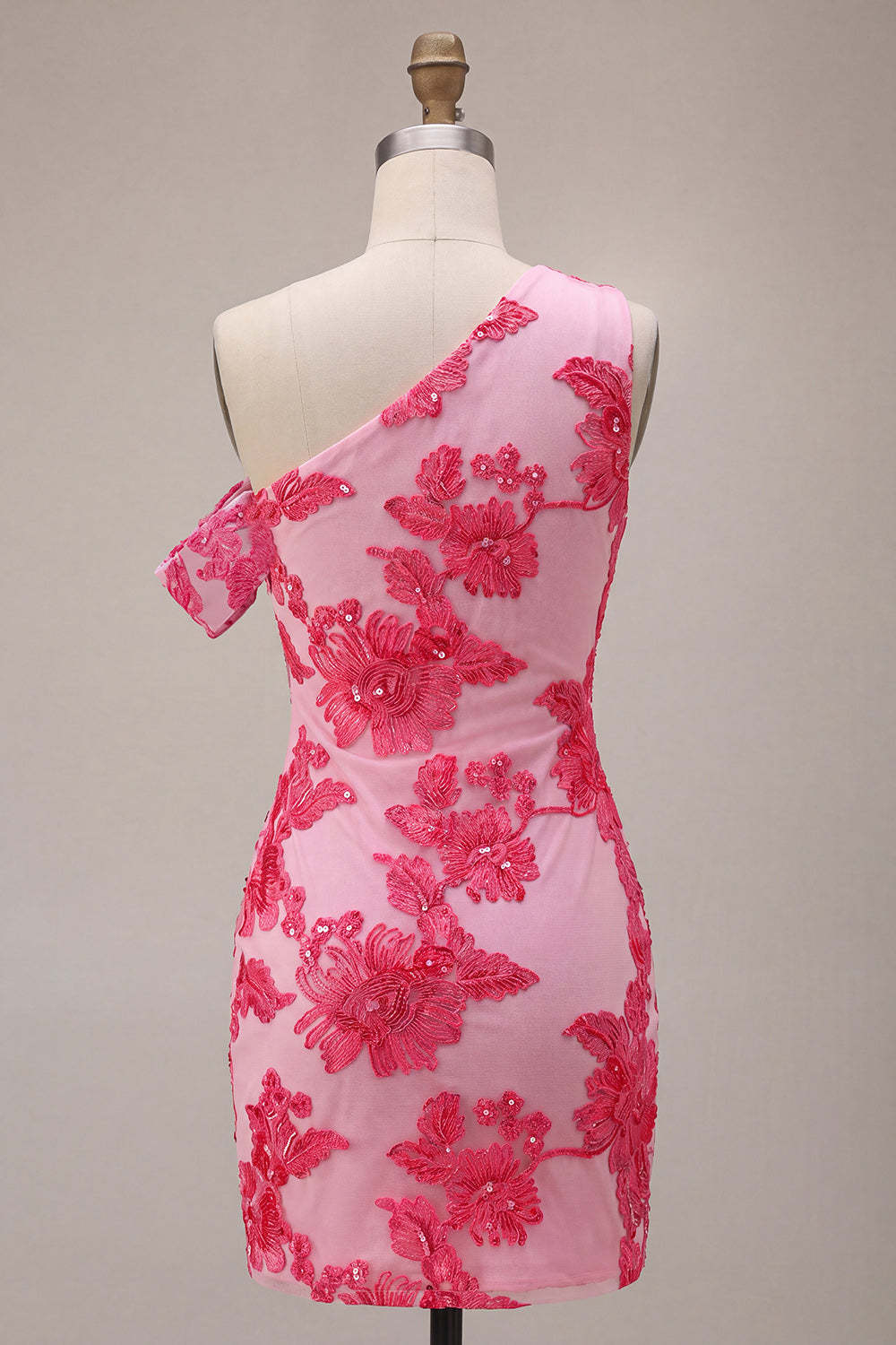 Fuchsia Bodycon One Shoulder Floral Mini Homecoming Dress
