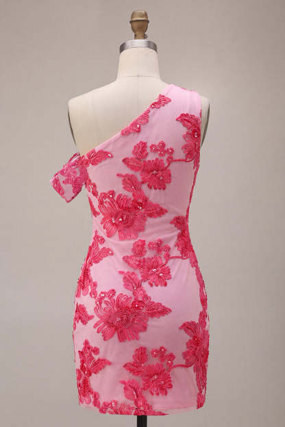 Fuchsia Bodycon One Shoulder Floral Mini Homecoming Dress