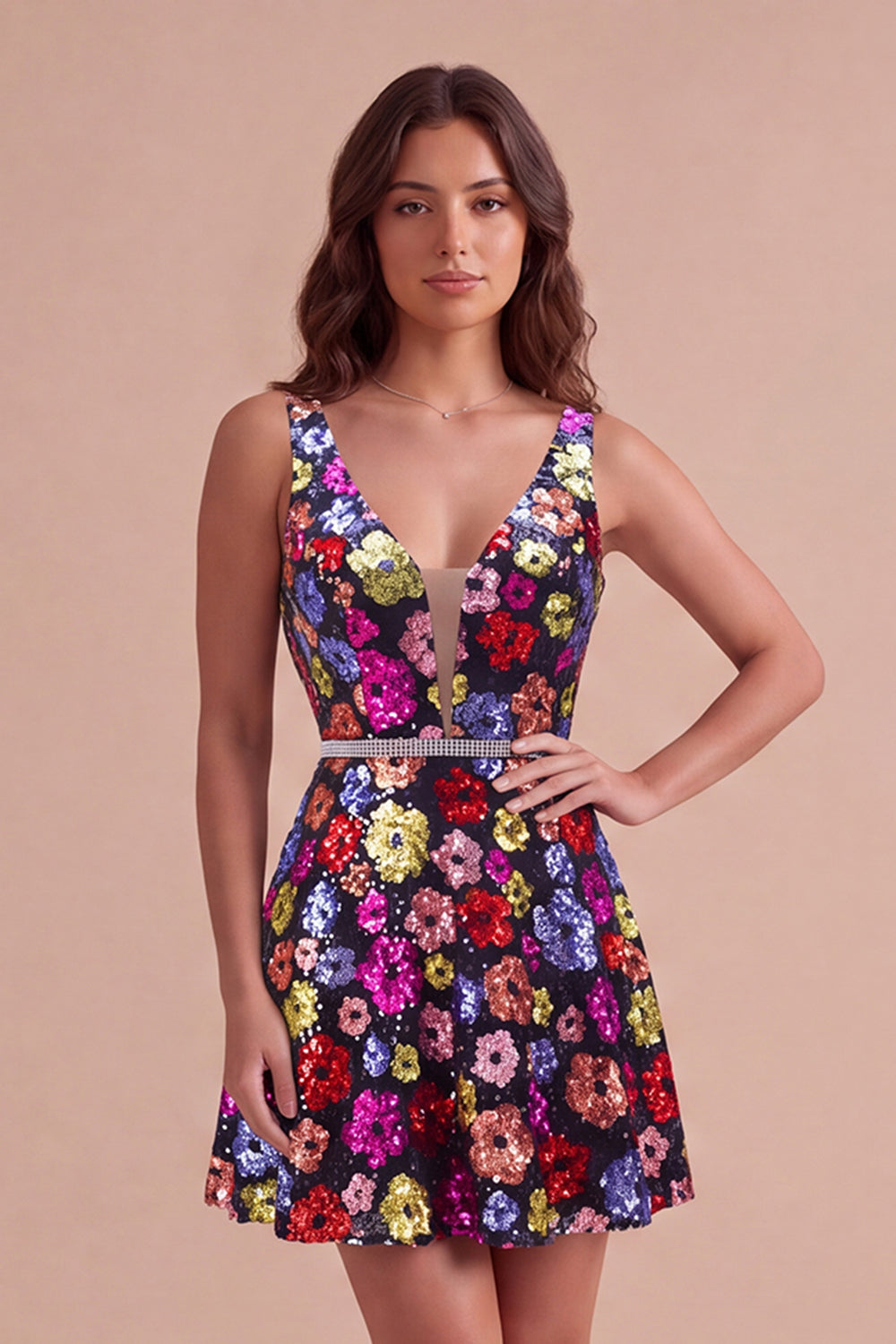 Sparkly Black A-Line V-Neck Sequins Short Homecoming Dress