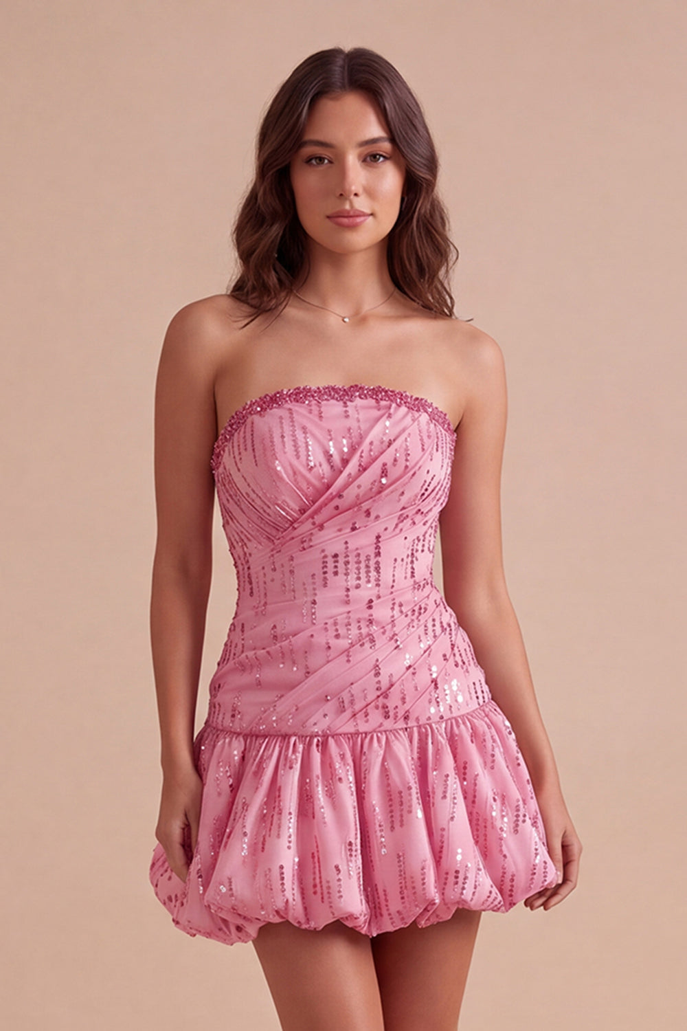 Sparkly Pink Strapless Bubble Ruched Sequins Mini Homecoming Dress