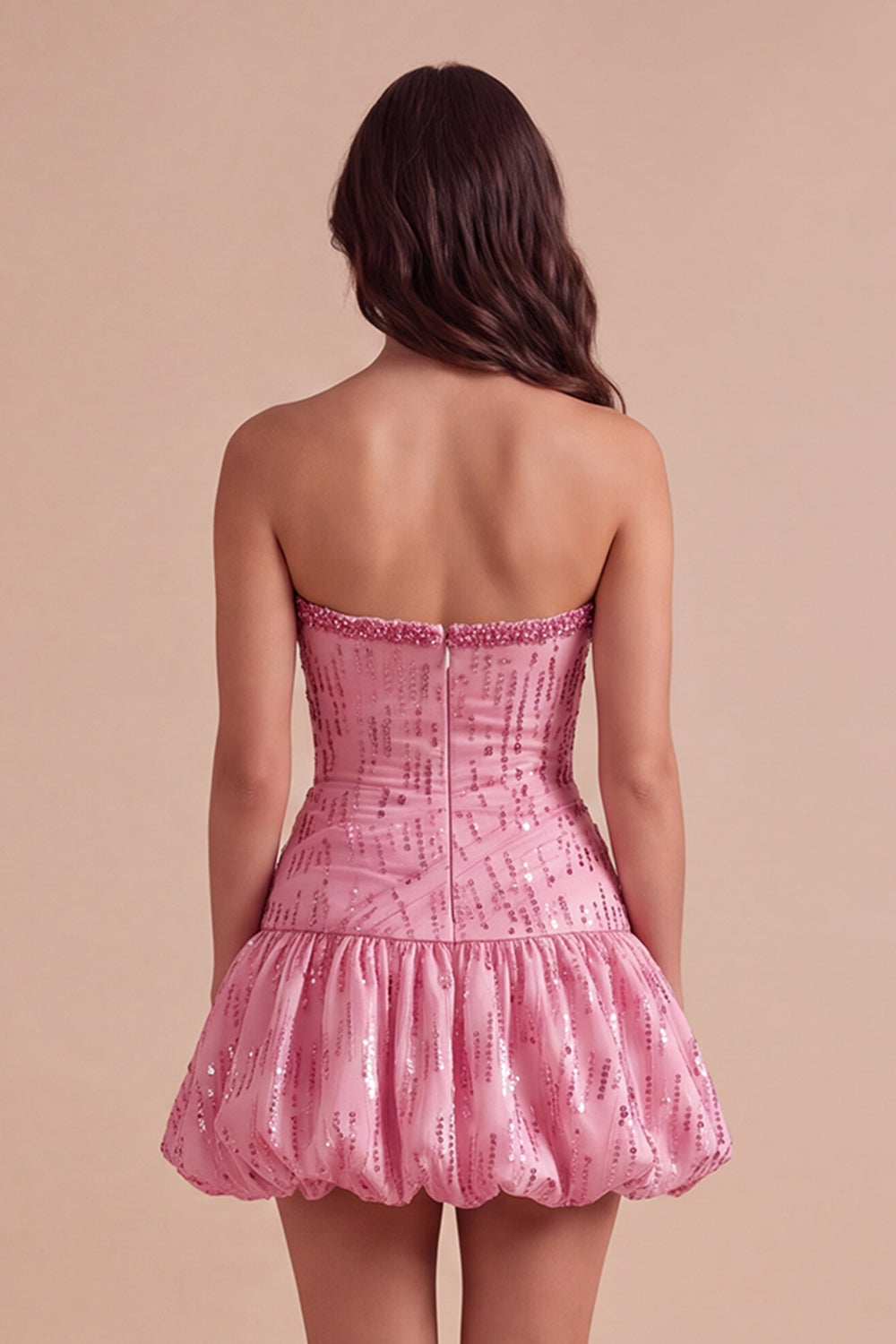 Sparkly Pink Strapless Bubble Ruched Sequins Mini Homecoming Dress