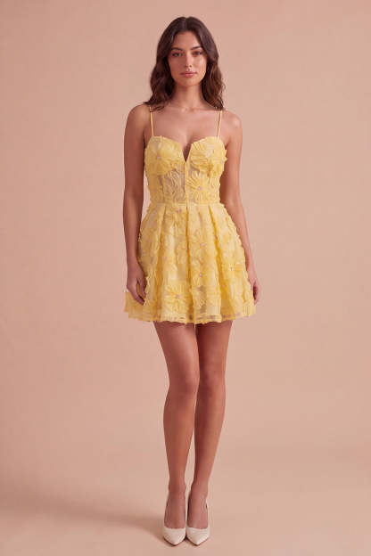 Yellow Floral A-Line Spaghetti Straps Mini Homecoming Dress with Pearls