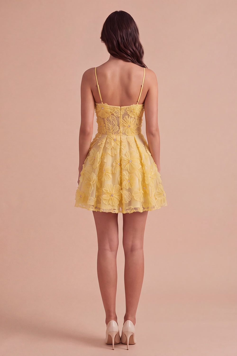 Yellow Floral A-Line Spaghetti Straps Mini Homecoming Dress with Pearls