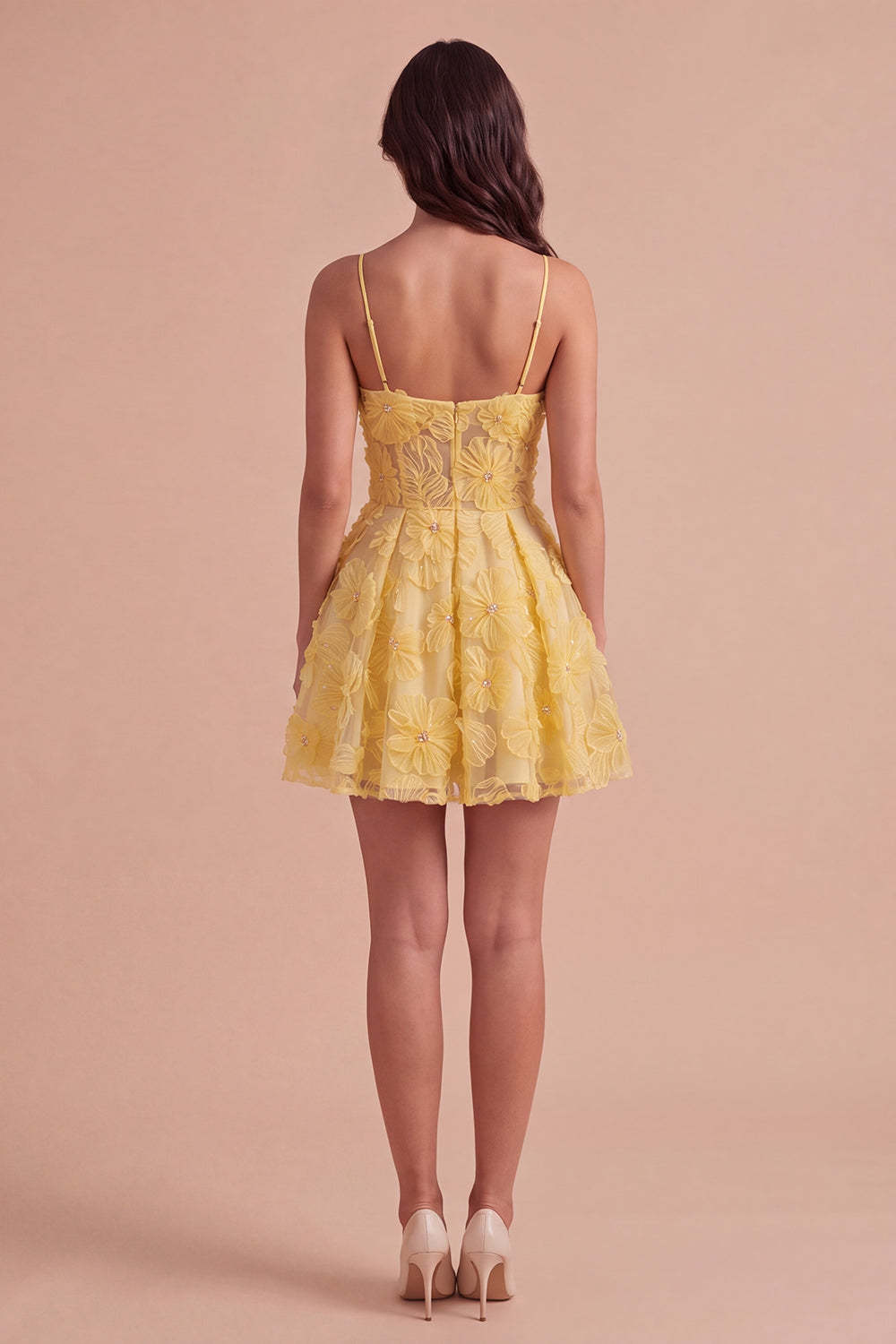 Yellow Floral A-Line Spaghetti Straps Mini Homecoming Dress with Pearls