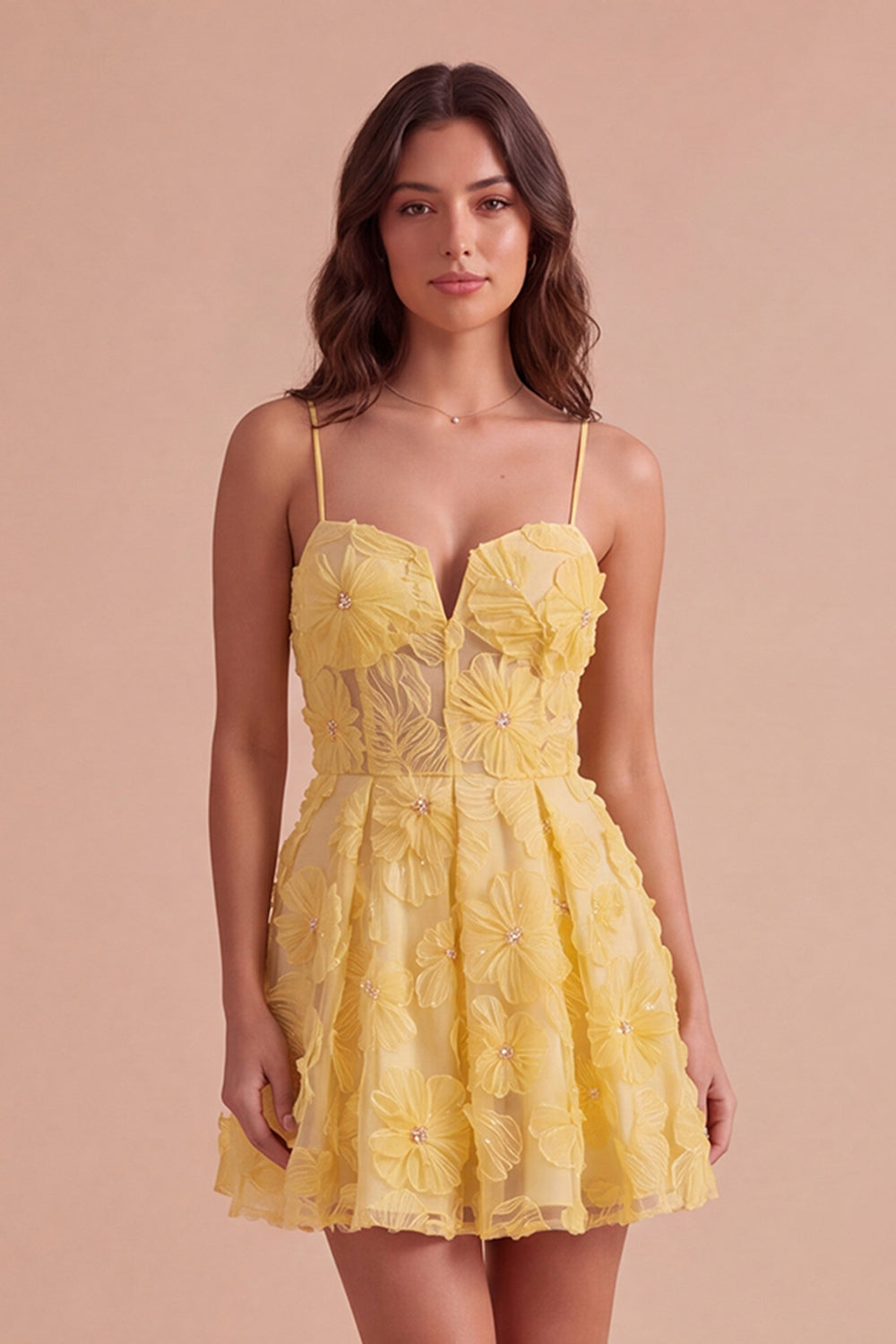 Leely Women Short Yellow Homecoming Dress A-Line Spaghetti Straps Floral Cocktail Dress with Pearls