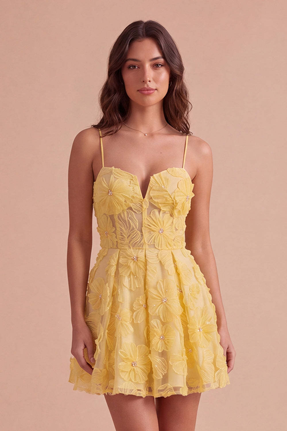 Leely Women Short Yellow Homecoming Dress A-Line Spaghetti Straps Floral Cocktail Dress with Pearls