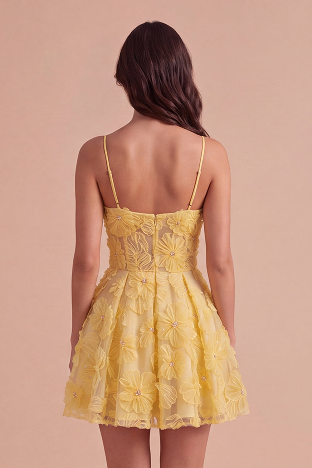 Yellow Floral A-Line Spaghetti Straps Mini Homecoming Dress with Pearls