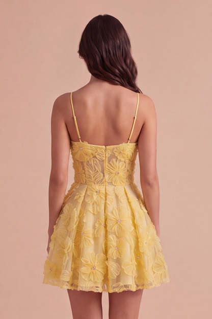 Yellow Floral A-Line Spaghetti Straps Mini Homecoming Dress with Pearls